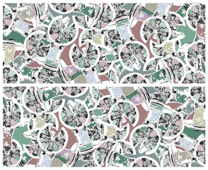 Abstract, playful, colorful collage pattern wallpaper, created using one repeating element - a grapefruit slice on a traditional Turkish tea cup. Rough outlines, fully filled background