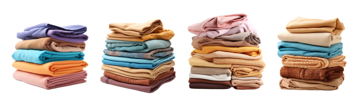 Mont&oacute;n de ropa limpia de diferentes colores apilada aislada sobre fondo transparente.Servicio de lavander&iacute;a y tareas dom&eacute;sticas.Tienda de ropa