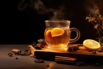 Hot toddy - hot whiskey with lemon, honey and spices. On a dark background.