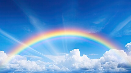  a rainbow in the middle of a blue sky with clouds.  generative ai