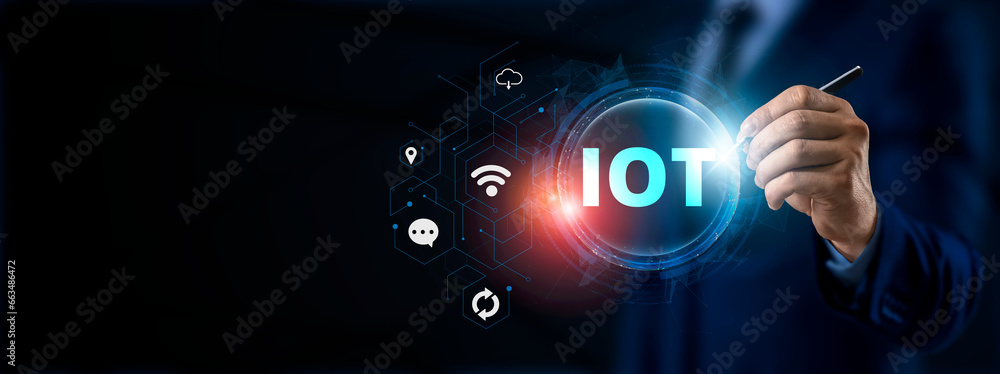 Poster iot internet of things home and advanced manufacturing automation digital technology concept.