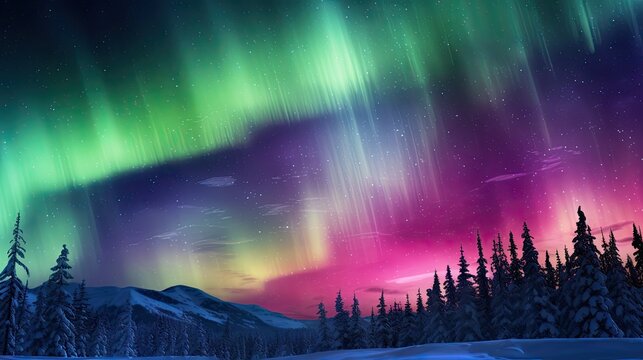 a colorful aurora bore over a snow covered forest with a mountain in the background.  generative ai