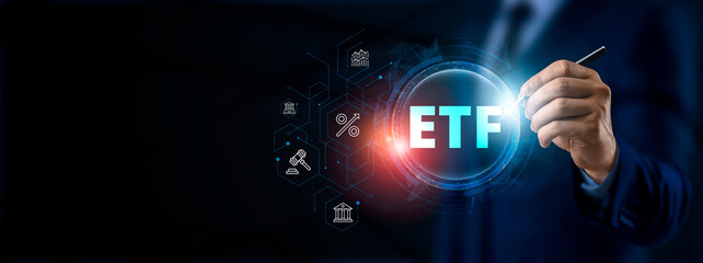 ETF Exchange Traded Fund Trading Investment Business Finance Concept on Cutting-Edge Virtual Screen.