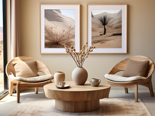 modern Japandi-style living room, you'll discover two beige lounge chairs and a round coffee table beautifully arranged against the wall adorned with frames.