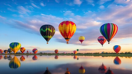 Obraz premium a group of hot air balloons flying over a lake at sunset. generative ai