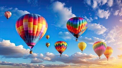 Fototapeta na wymiar a group of hot air balloons flying through a blue sky. generative ai