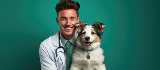 A cheerful vet grinning while cradling a pet against a well-lit backdrop