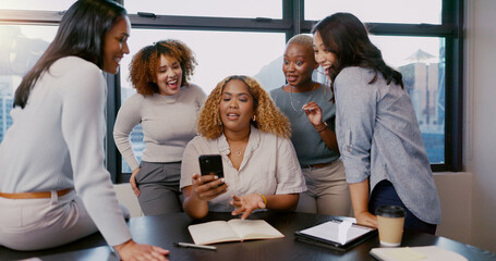 Teamwork, happy or business women with phone for gossip news, social media or blog content reading...