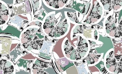 Abstract, playful, colorful collage pattern wallpaper, created using one repeating element - a grapefruit slice on a traditional Turkish tea cup. Rough outlines, fully filled background