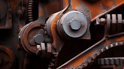 An up-close look of rusty-orange and gray weathered machinery gives an edgy industrial vibe.
