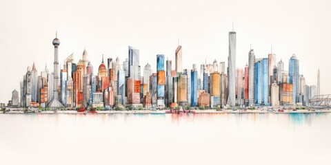 city skyline color pencil drawing on white background. beautiful Generative AI AIG32