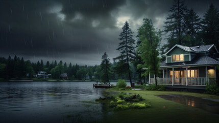 Fototapeta na wymiar The lake house view is dark and gloomy in the rainy weather.
