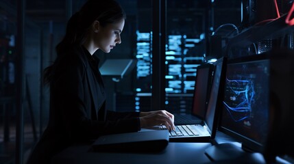 Woman IT engineer providing service in server chamber, maintaining laptop, data center, & network.