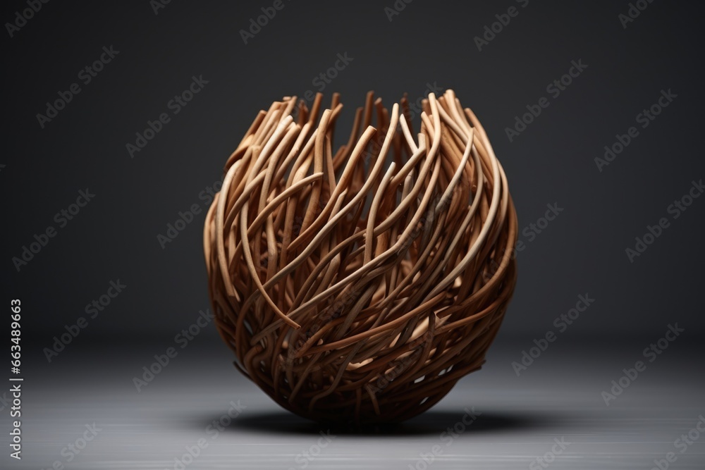 Poster A unique wooden sculpture depicting a ball made entirely of sticks. This intriguing piece of art can add a natural and rustic touch to any space.