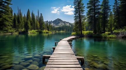  a long wooden dock sitting next to a lake surrounded by trees.  generative ai - obrazy, fototapety, plakaty