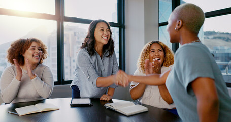 B2B partnership, applause or business people handshake for welcome, collaboration or company...