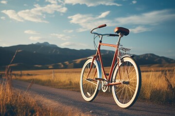 Obraz premium A red bike parked on a dirt road. 