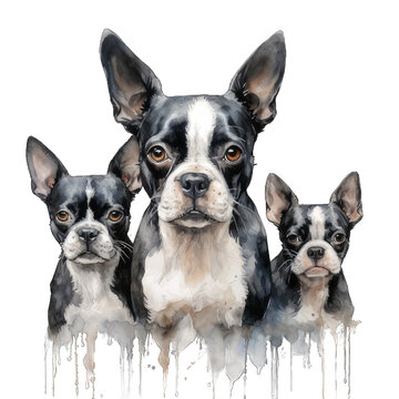 Three Cute Boston Terrier Dog Watercolor Png Graphic