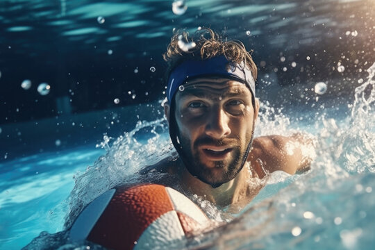 A man wearing a headband is swimming in a pool. This image can be used to depict fitness, exercise, or leisure activities.
