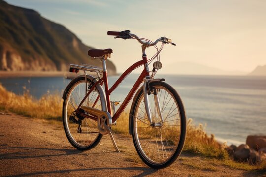 A red bicycle parked on the side of a road next to a body of water. This image can be used to depict leisure activities, transportation, or a peaceful scenic view.