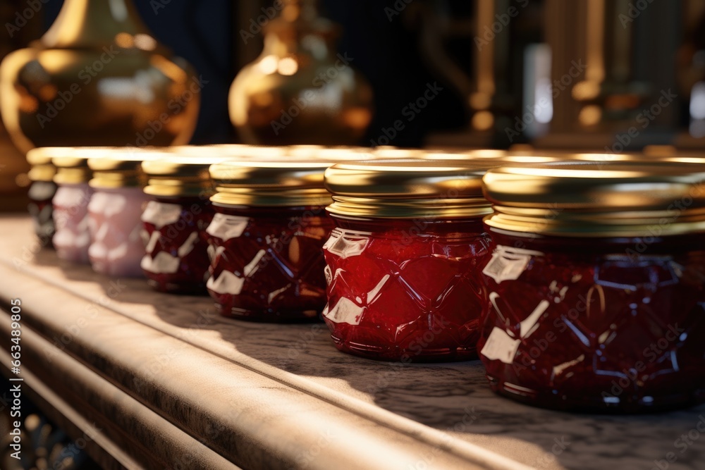 Poster A row of jars of jam sitting on top of a counter. This versatile image can be used to showcase homemade jam, kitchen organization, or food preservation.