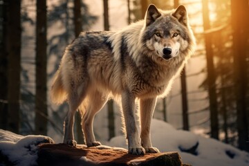 Dramatic cinematic panoramic image of a wild wolf posing amid the deep, rocky forest, perfect for storytelling and wildlife themes.