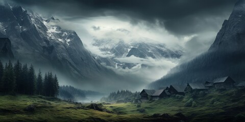 Captivating view of a moody landscape in the Alps, evoking a sense of mystery and awe, ideal for nature and travel photography.