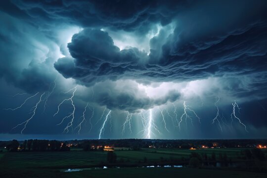A dramatic image capturing a large cloud filled with lightning bolts. 