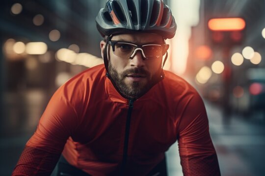 A man wearing a helmet and glasses is seen riding a bike. This image can be used to depict outdoor activities or promote cycling as a healthy lifestyle choice.