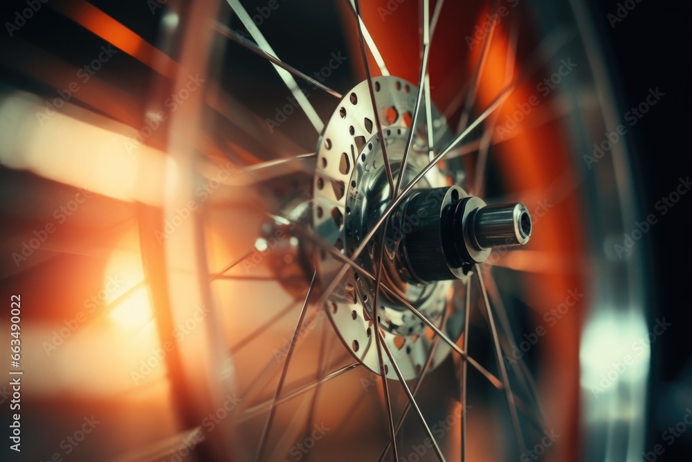Poster a close up of a bicycle wheel with spokes. this image can be used to showcase the intricate details 