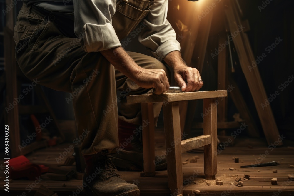 Aufkleber a man is seen working on a piece of wood. this image can be used to showcase craftsmanship or woodwo