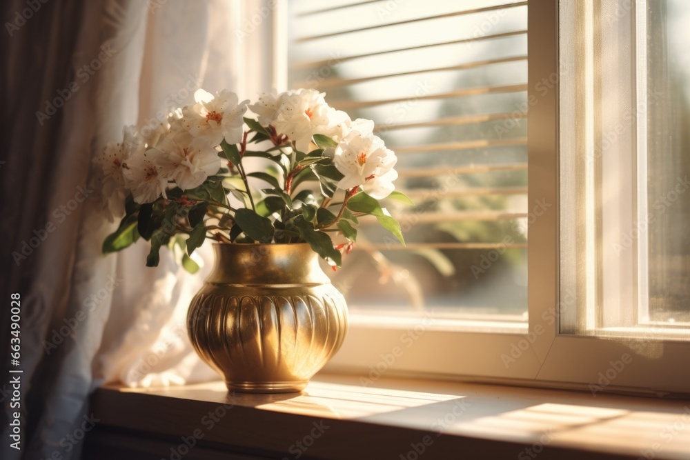 Poster A beautiful vase of flowers sitting on a window sill. Perfect for adding a touch of nature and color to any space.