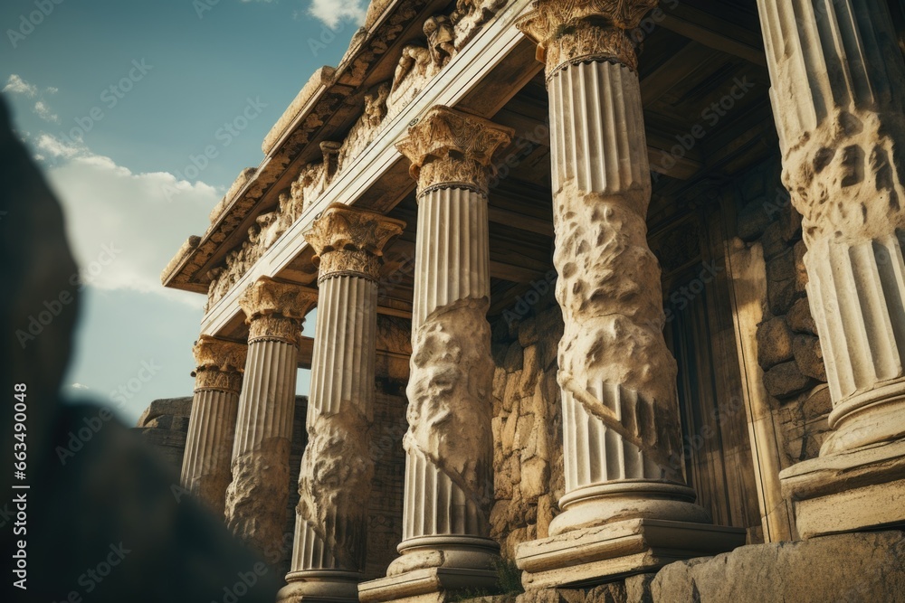 Poster A picture of a stone building with grand columns and statues on the front. Suitable for architectural, historical, and cultural themes.