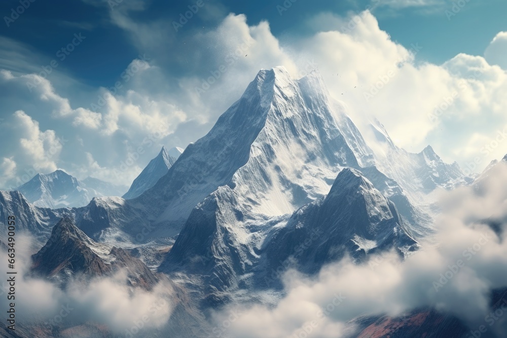 Poster a picturesque view of a snow covered mountain with clouds in the foreground.