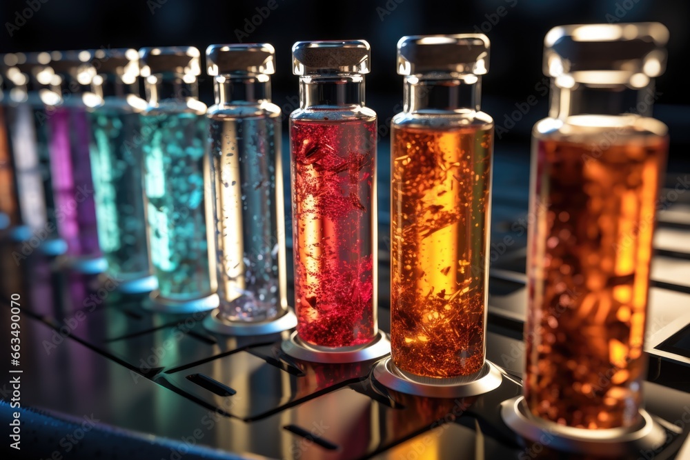Aufkleber a row of different colored liquids sitting on top of a keyboard. perfect for illustrating creativity