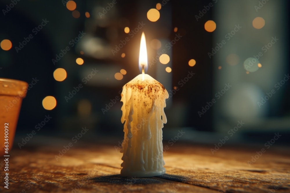Poster A simple yet elegant image of a lit candle placed on top of a wooden table. Perfect for adding a warm and cozy touch to any setting.