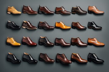 A collection of men's shoes displayed on a gray background. 