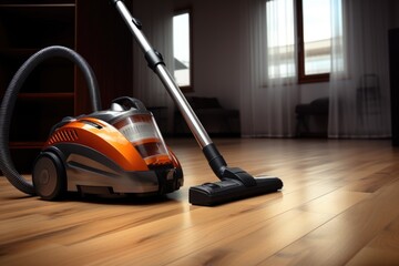 A vacuum cleaner is on the floor in a room. This image can be used to illustrate household cleaning or home maintenance.