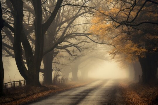 Enigmatic photo of a fog-shrouded road flanked by large trees, capturing the essence of a mystical autumn day.