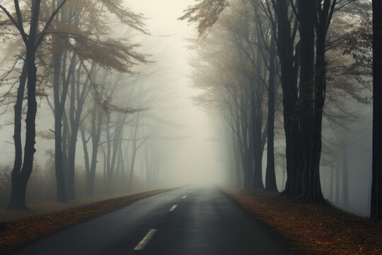 Enigmatic photo of a fog-shrouded road flanked by large trees, capturing the essence of a mystical autumn day.