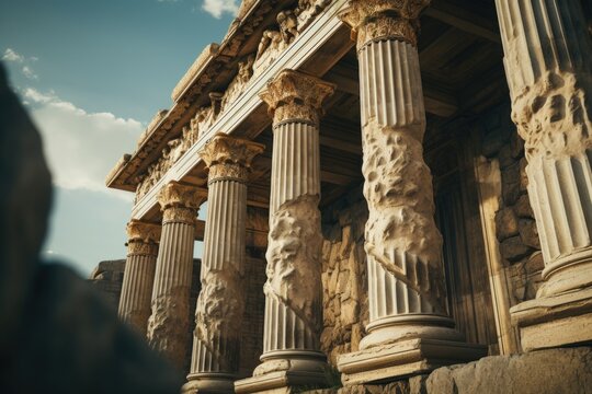 A picture of a stone building with grand columns and statues on the front. Suitable for architectural, historical, and cultural themes.