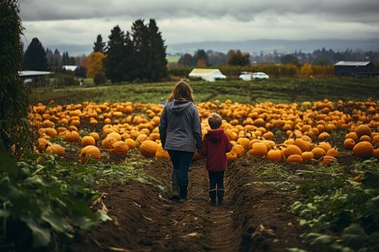 Enjoy a day at the pumpkin farm with this heartwarming image of a mother and son picking pumpkins in a field, perfect for family-themed content.