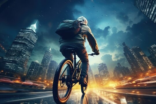 A man is riding a bike through the city at night. This image can be used to depict urban transportation, exercise, or a cityscape at night.