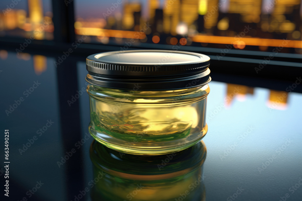 Poster a jar of liquid sitting on top of a table. can be used for various purposes.