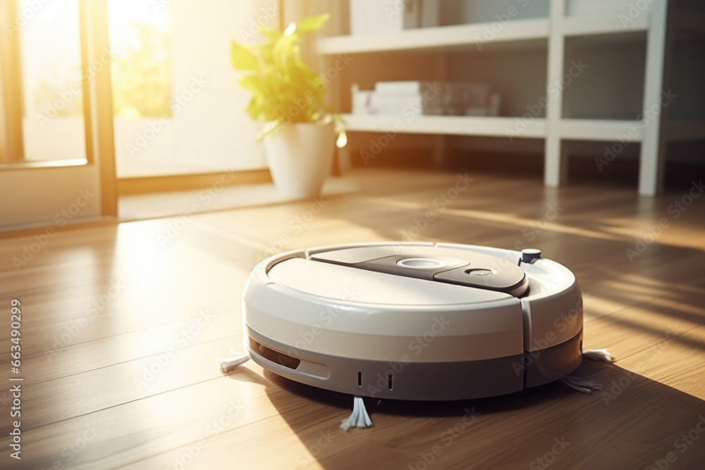 Poster a roomba sitting on the floor next to a potted plant. this image can be used to depict a clean and o
