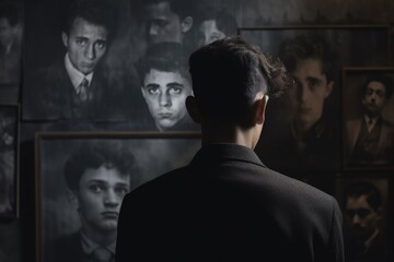 A man stands in front of a wall filled with black and white photos. This image can be used to represent nostalgia, memories, or the passage of time.
