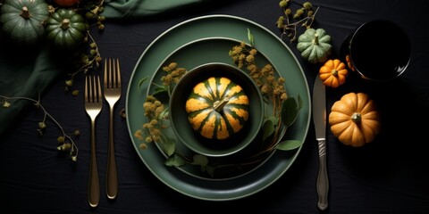  High-angle shot of an autumnal table setting featuring pumpkins