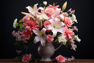 A vase filled with pink and white flowers. Perfect for adding a touch of color to any space.