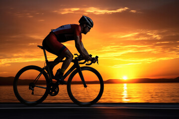 Fototapeta premium A man is seen riding his bike along a scenic road that runs parallel to a body of water. This image can be used to depict leisure activities, outdoor exercise, or enjoying the beauty of nature.