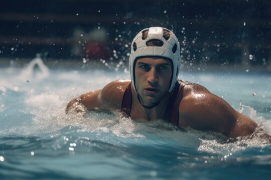 A man in a water polo uniform is seen in the water. This image can be used to depict the intensity and athleticism of the sport.